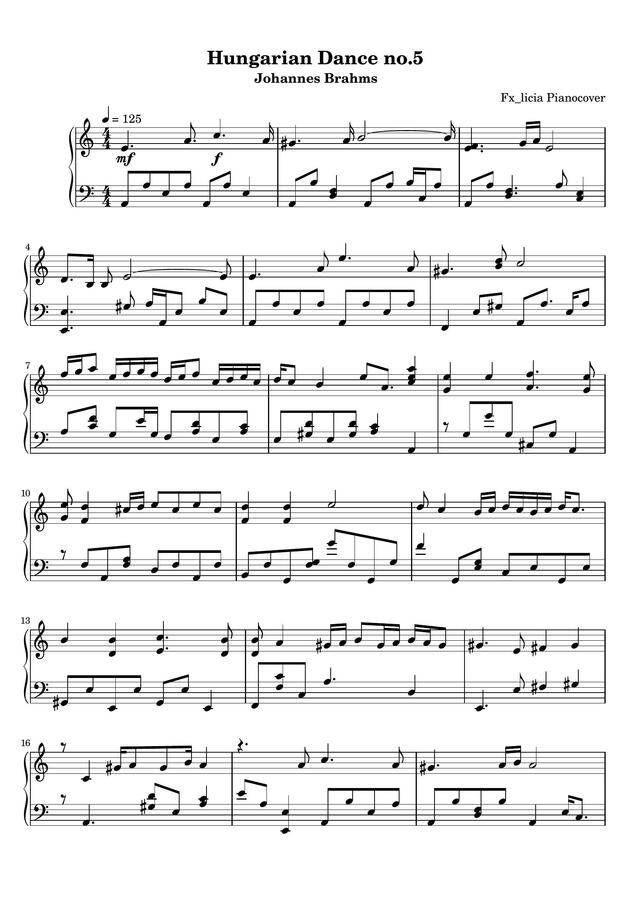 Fx Licia Pianocover Johannes Brahms Hungarian Dance No 5 Easy Version By Fx Licia Pianocover mymusicsheet