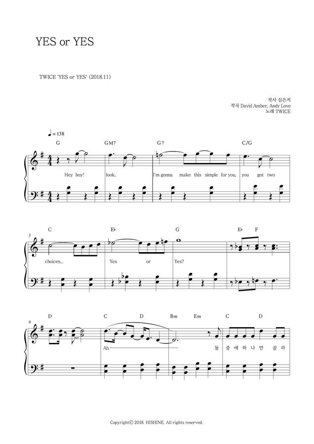 Hishine Twice Yes Or Yes Easy Piano Sheet Music
