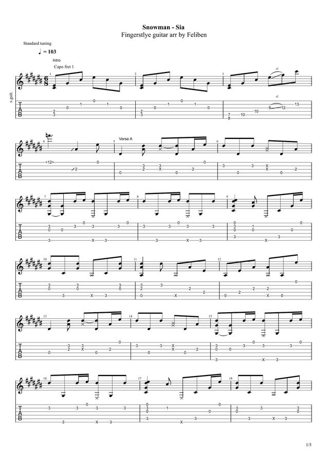 Mins J Guitar > Sia Snowman (Tab&Chord) by Mins J Guitar